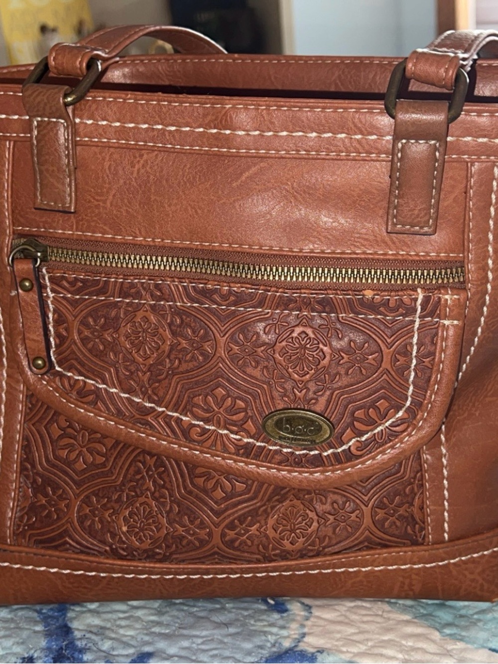 b.o.c. Leather Embossed Floral Brown shoulder Bag Women's Handbag 14" × 10"
